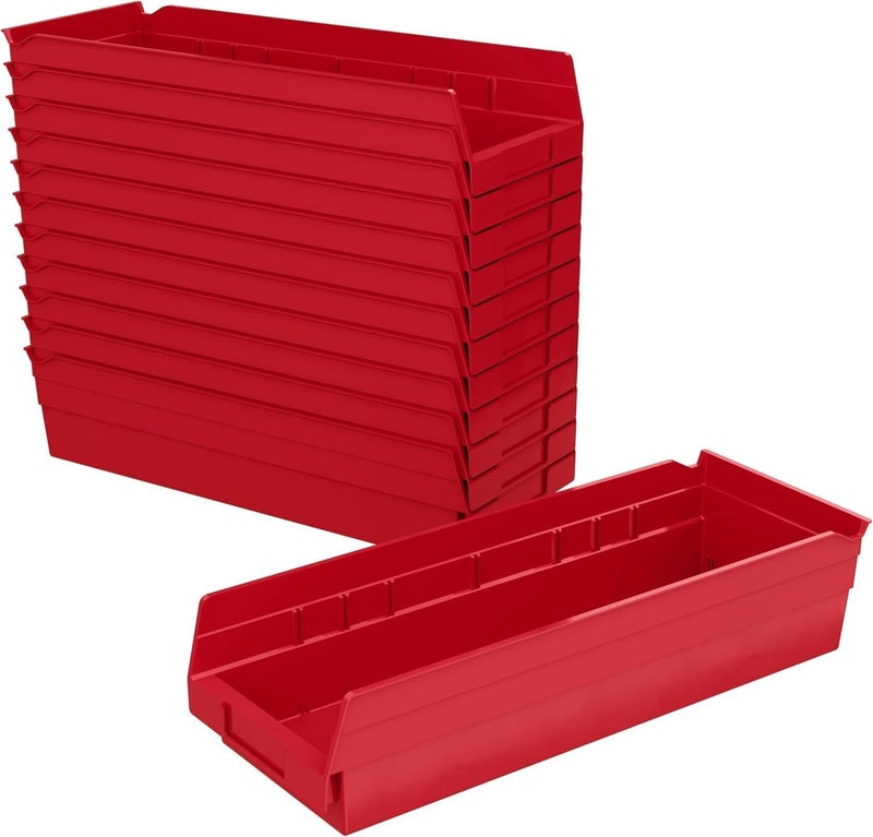 Akro-Mils 30138 Plastic Shelf Bins, Heavy Duty Storage Bins for Garage, Closet, and Drawer Organization, 18-Inch x 6-1/2-Inch x 4-Inch, Red, 12-Pack - Image 1
